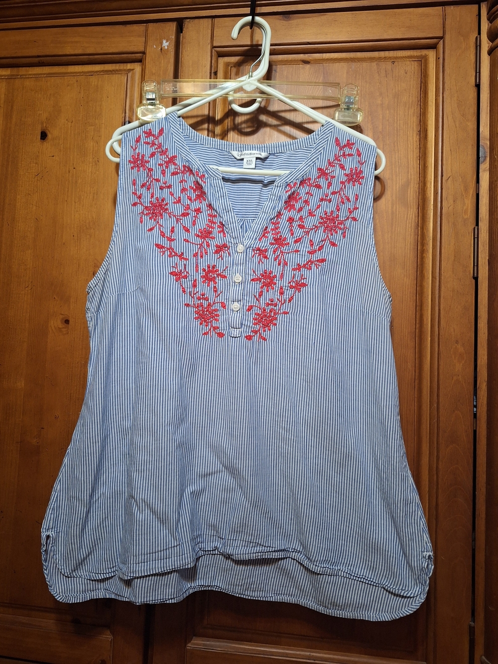 Striped Blue Sleeveless Camisole with Hot Pink Floral Embroidery